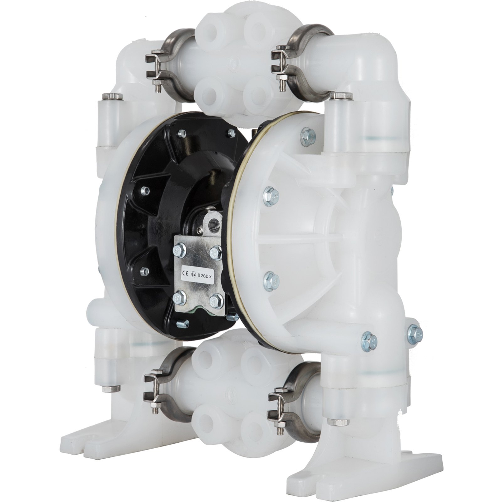 white and black VEVOR air-operated double diaphragm pump with metal clamps.