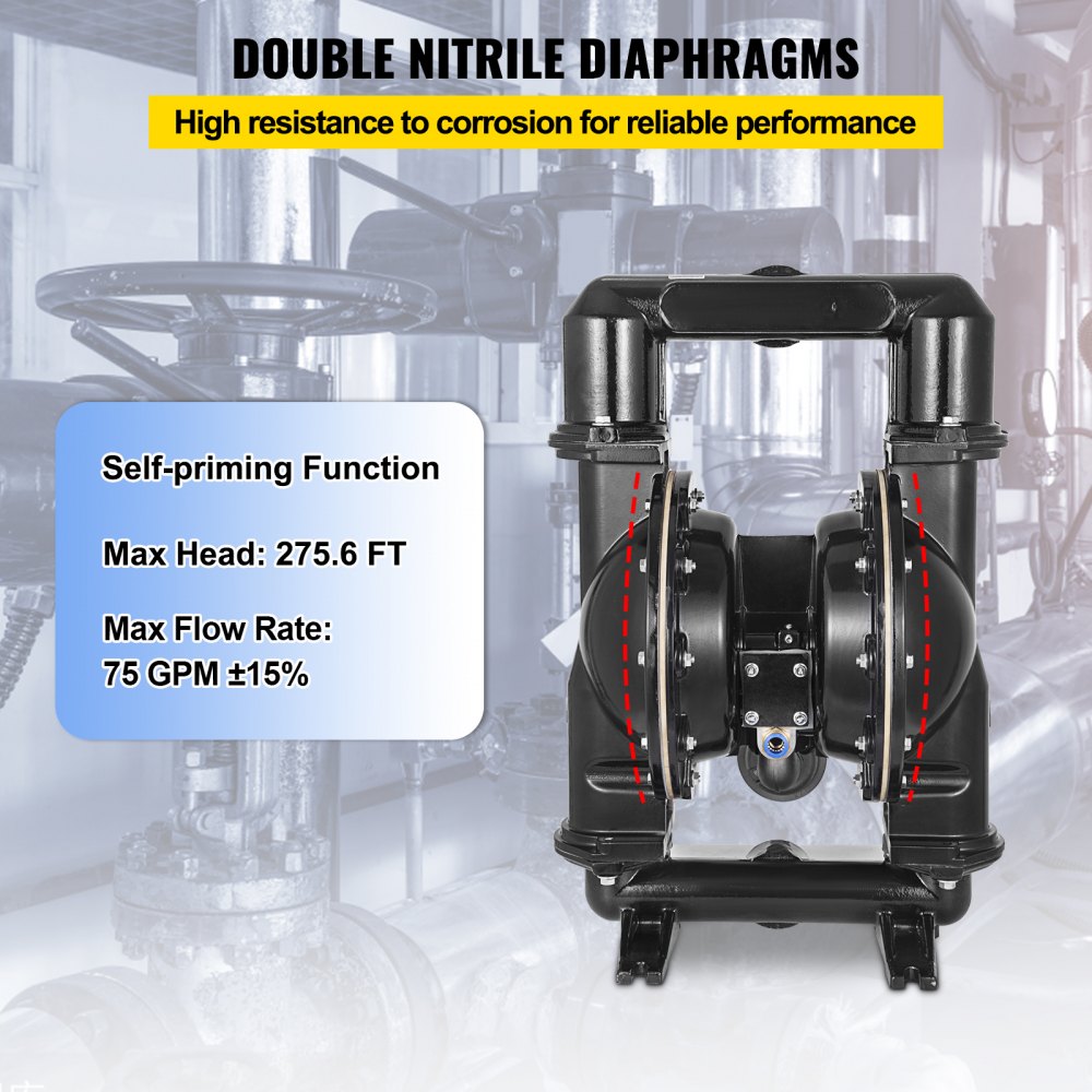VEVOR Air-Operated Double Diaphragm Pump, 2 inch Inlet & Outlet, Aluminum Alloy Body, 75 GPM & Max 120PSI, Nitrile Diaphragm Transfer Pump for Petroleum, Diesel, Oil and Low Viscosity Fluids