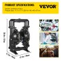 VEVOR Air-Operated Double Diaphragm Pump, 2 inch Inlet & Outlet, Aluminum Alloy Body, 75 GPM & Max 120PSI, Nitrile Diaphragm Transfer Pump for Petroleum, Diesel, Oil and Low Viscosity Fluids