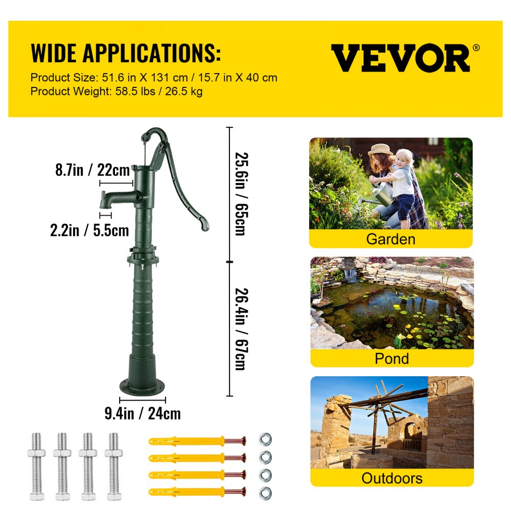 VEVOR hand water pump for garden, pond, and outdoor use with dimensions and components.
