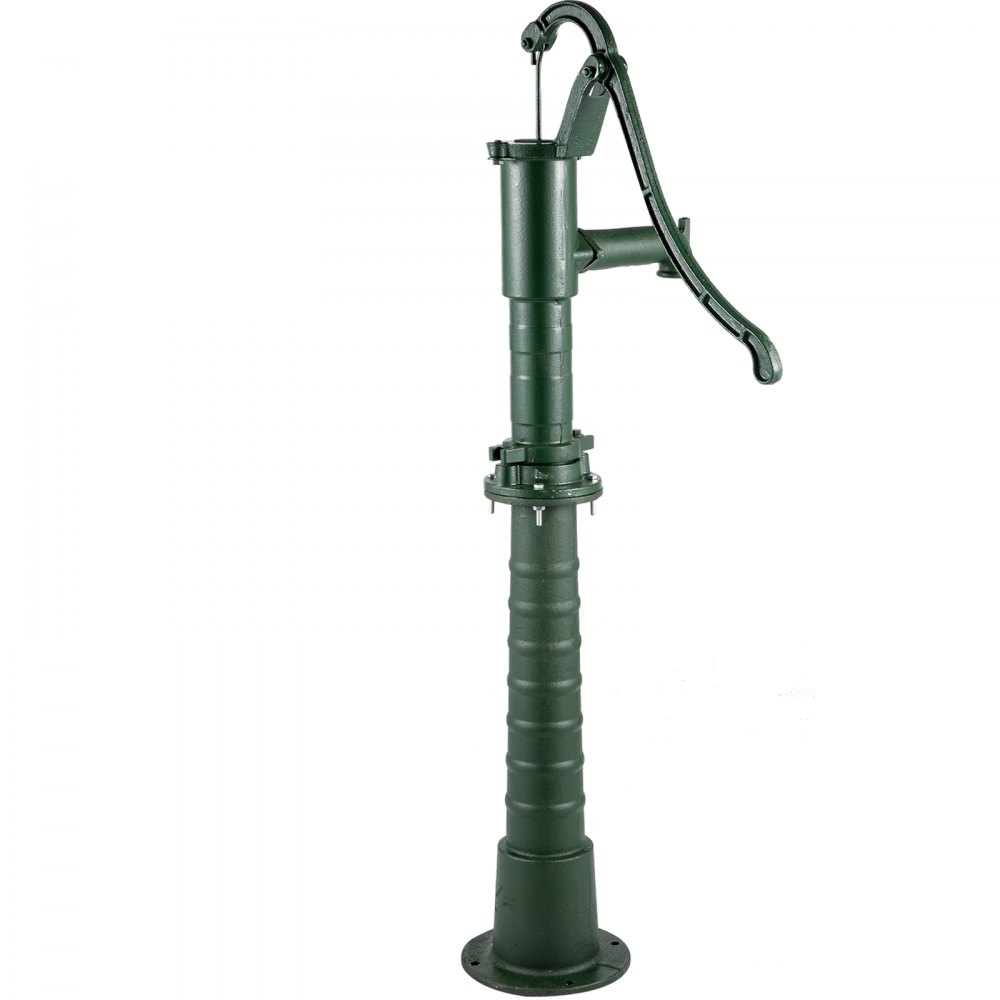 VEVOR hand water pump in green, featuring a tall, vertical ribbed metal body.