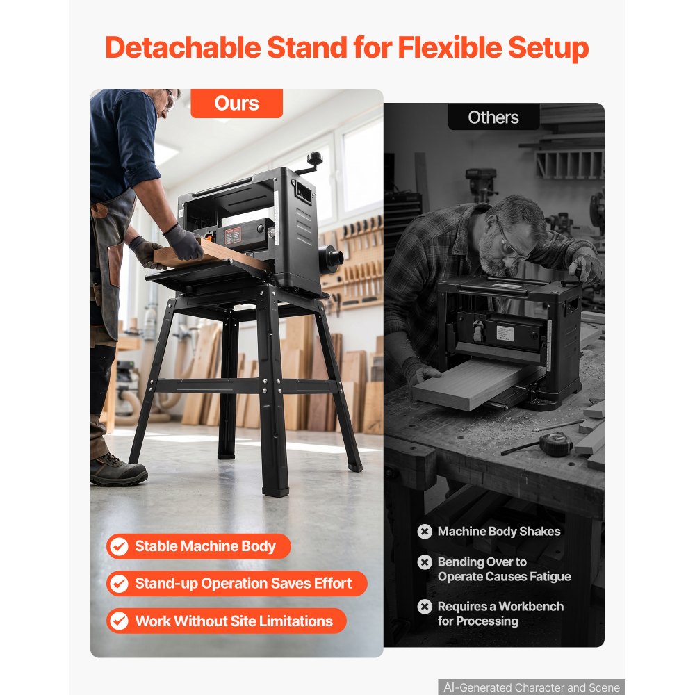 VEVOR 13-Inch Benchtop Thickness Planer, 2000W, 8000 rpm, 15 AMP, with Foldable Iron Stand and Dust Exhaust, 6m/min Planing Speed, Ideal for Woodworking and Wooden Plank Shaping