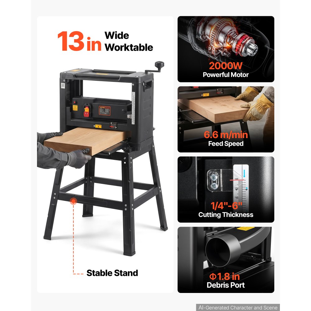 VEVOR 13-Inch Benchtop Thickness Planer, 2000W, 8000 rpm, 15 AMP, with Foldable Iron Stand and Dust Exhaust, 6m/min Planing Speed, Ideal for Woodworking and Wooden Plank Shaping