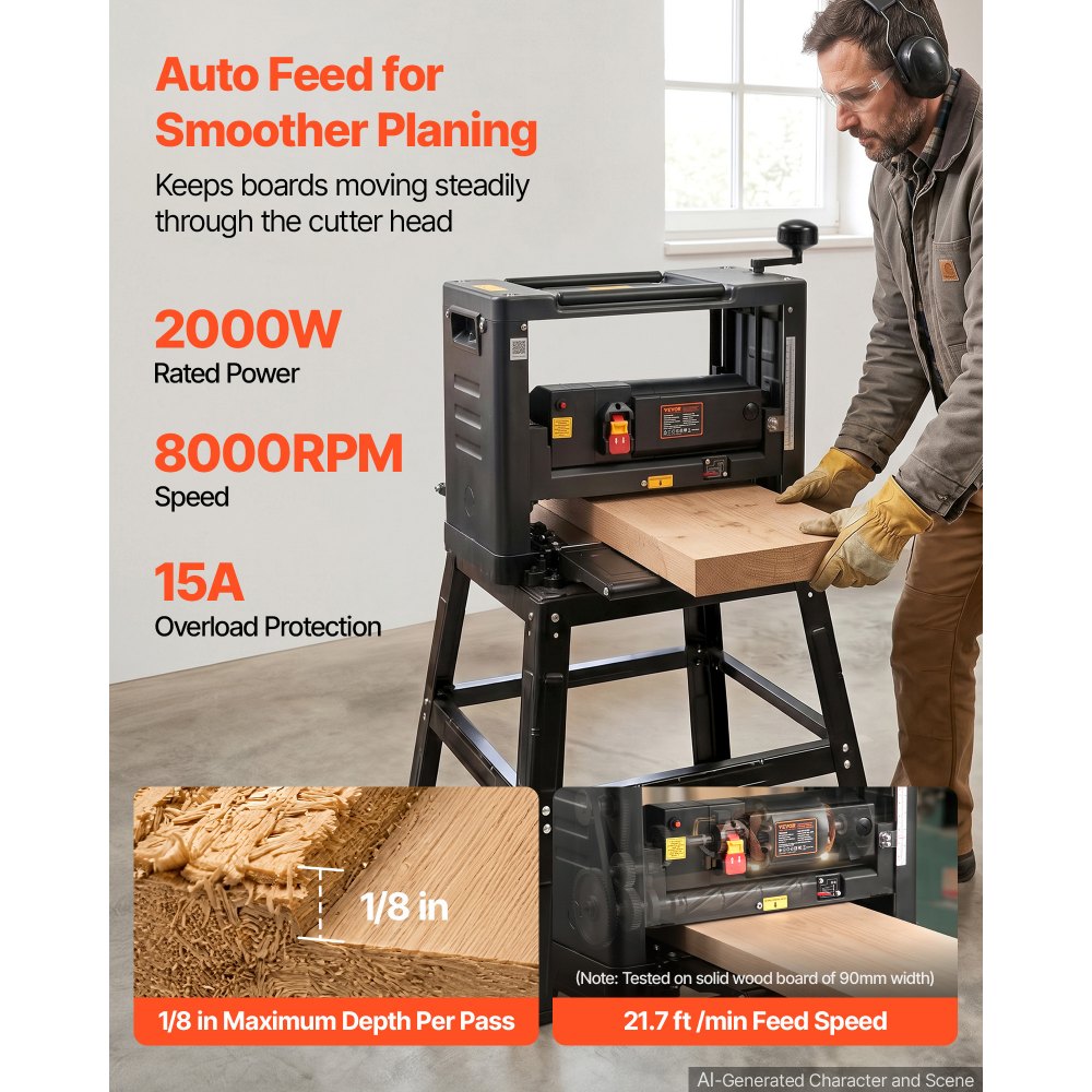 VEVOR 13-Inch Benchtop Thickness Planer, 2000W, 8000 rpm, 15 AMP, with Foldable Iron Stand and Dust Exhaust, 6m/min Planing Speed, Ideal for Woodworking and Wooden Plank Shaping