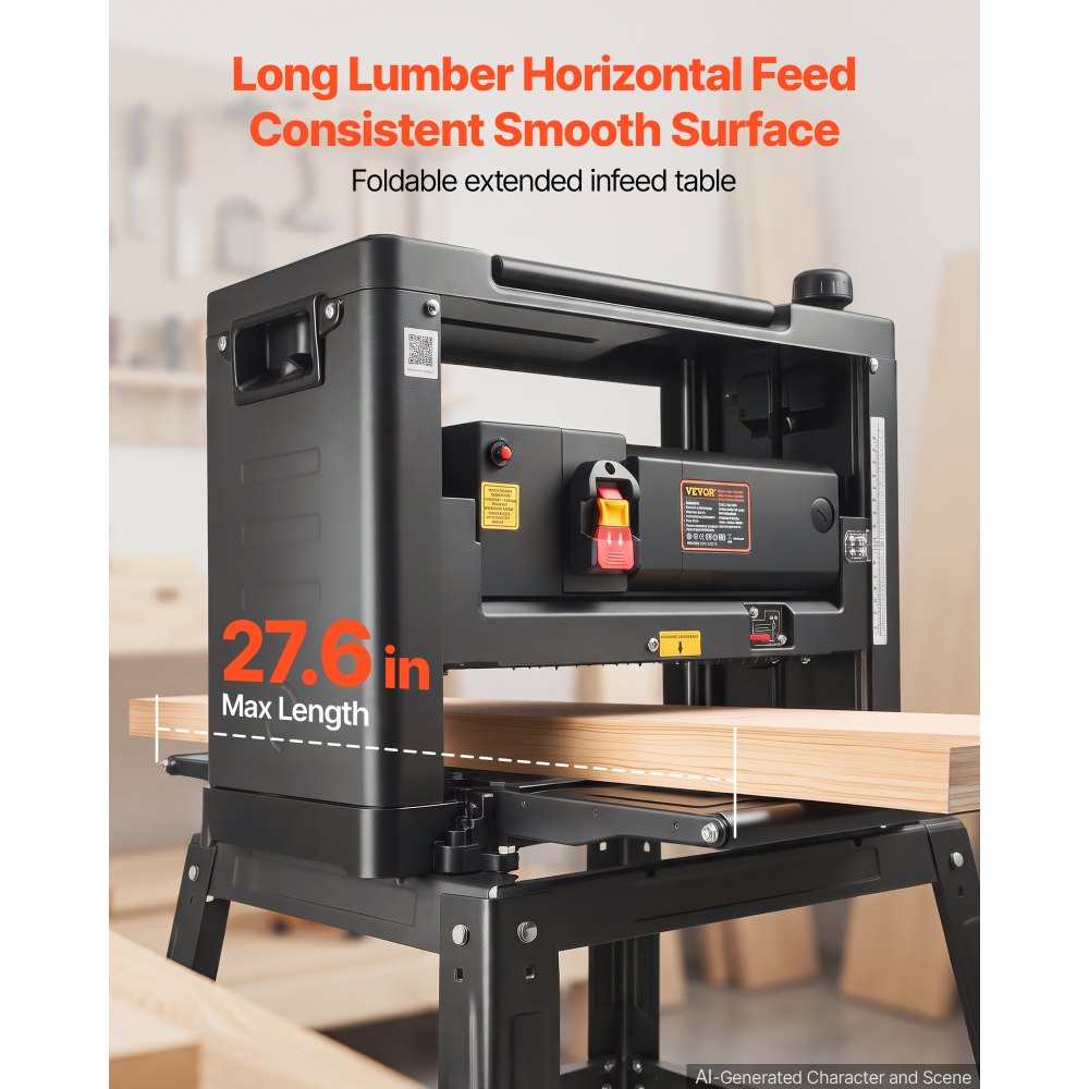 VEVOR 13-Inch Benchtop Thickness Planer, 2000W, 8000 rpm, 15 AMP, with Foldable Iron Stand and Dust Exhaust, 6m/min Planing Speed, Ideal for Woodworking and Wooden Plank Shaping