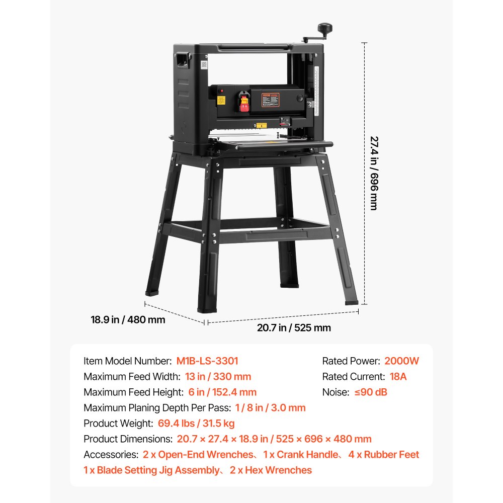 VEVOR 13-Inch Benchtop Thickness Planer, 2000W, 8000 rpm, 15 AMP, with Foldable Iron Stand and Dust Exhaust, 6m/min Planing Speed, Ideal for Woodworking and Wooden Plank Shaping