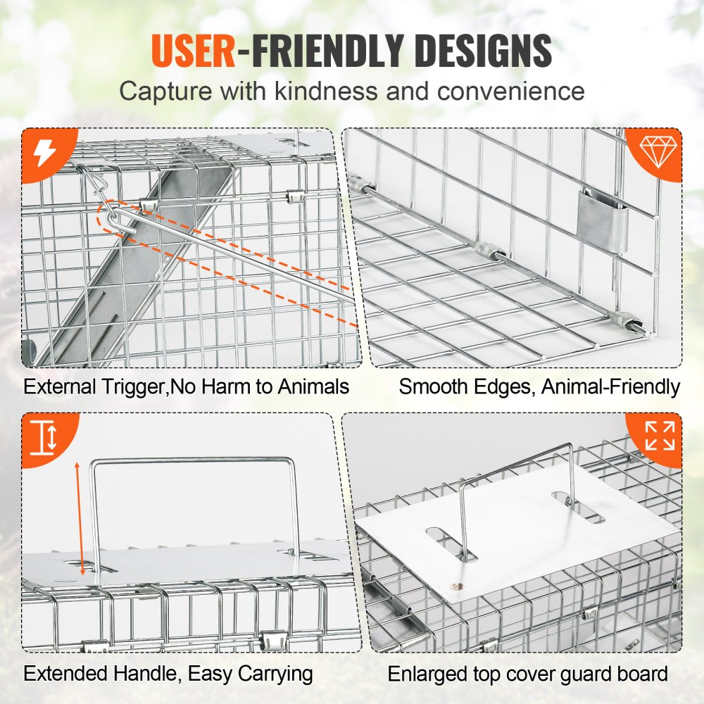 VEVOR Live Animal Cage Trap, 61 x 20.3 x 20.3 cm Humane Cat Trap Galvanized Iron, Folding Animal Trap with Handle for Rabbits, Stray Cats, Squirrels, Raccoons, Groundhogs and Opossums