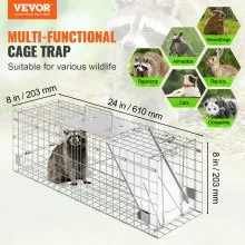 VEVOR Live Animal Cage Trap, 24" x 8" x 8" Humane Cat Trap Galvanized Iron, Folding Animal Trap with Handle for Rabbits, Stray Cats, Squirrels, Raccoons, Groundhogs and Opossums
