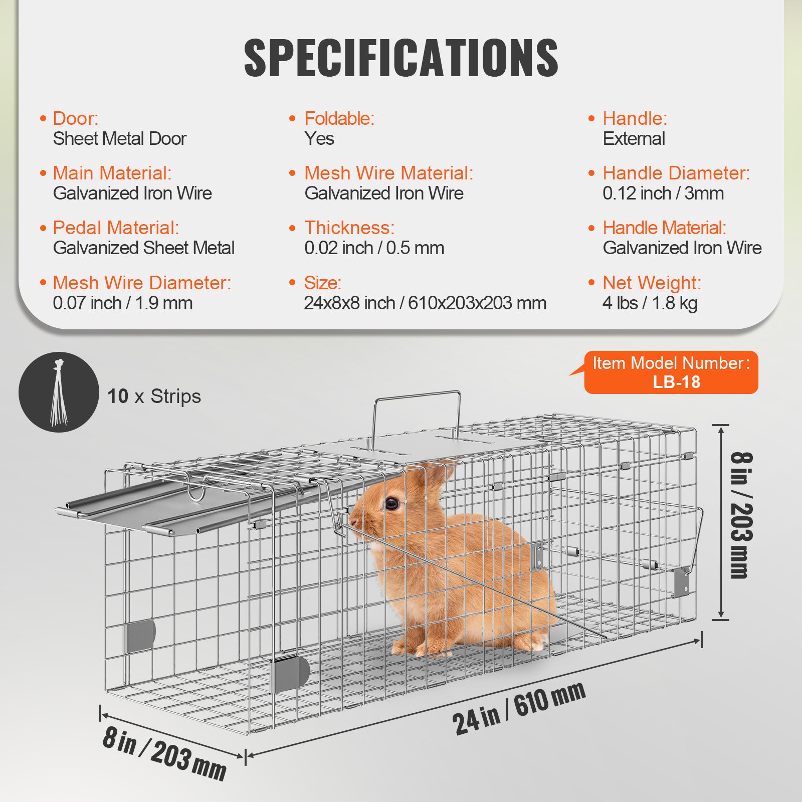 VEVOR Live Animal Cage Trap, 24" x 8" x 8" Humane Cat Trap Galvanized Iron, Folding Animal Trap with Handle for Rabbits, Stray Cats, Squirrels, Raccoons, Groundhogs and Opossums