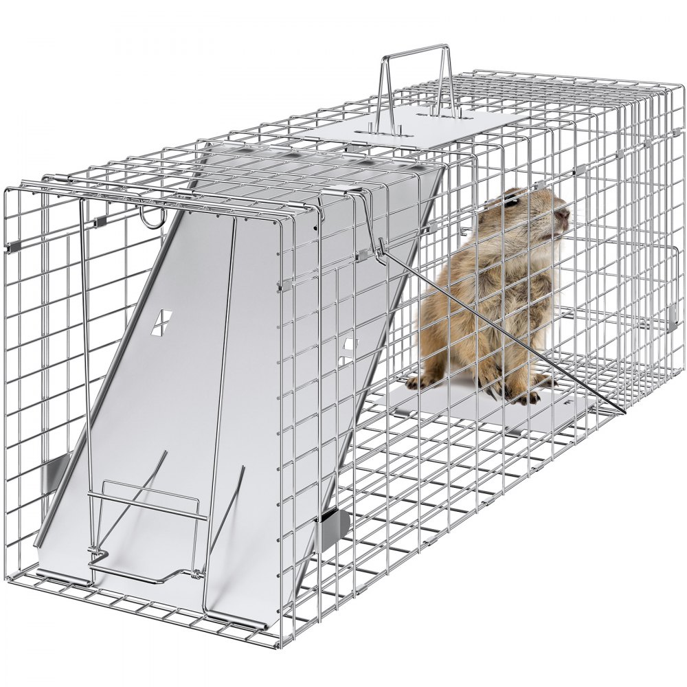 VEVOR Live Animal Cage Trap, 31" x 10" x 12" Humane Cat Trap Galvanized Iron, Folding Animal Trap with Handle for Rabbits, Stray Cats, Squirrels, Raccoons, Groundhogs and Opossums