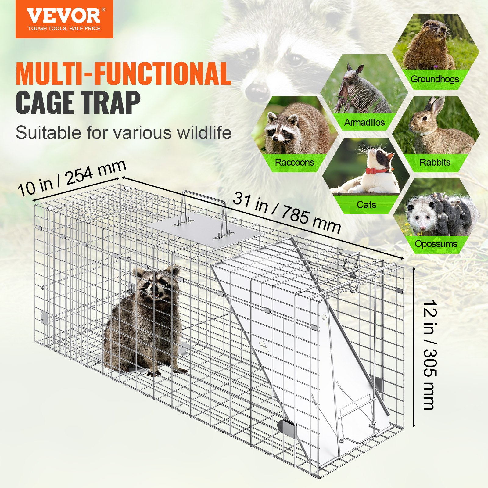 VEVOR Live Animal Cage Trap, 31" x 10" x 12" Humane Cat Trap Galvanized Iron, Folding Animal Trap with Handle for Rabbits, Stray Cats, Squirrels, Raccoons, Groundhogs and Opossums