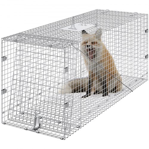 VEVOR Live Animal Cage Trap, 50" x 20" x 26" Humane Cat Trap Galvanized Iron, Folding Animal Trap with Handle for Stray Dogs, Armadillos, Raccoons, Marmots, Foxes