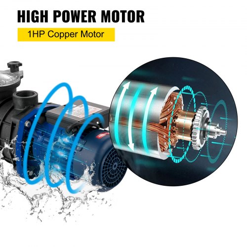 VEVOR 1 HP Pool Pump, 18000 L/h 750W Pool Pump In/Ground Swimming Pool Pump with Strainer Basket Pool Pump Motor for Clean Swimming Pool Water 1.97" Inlet/Outlet pool filter pump with 2 Fitting Hoses