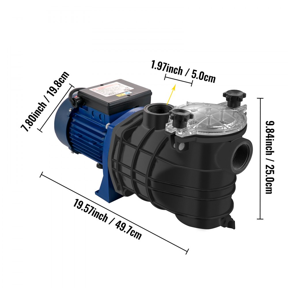 VEVOR 750 W(1 HP) Pool Pump, 15000 L/h 750W Pool Pump In/Ground Swimming Pool Pump with Strainer Basket Pool Pump Motor for Clean Swimming Pool Water 50 mm(1.97") Inlet/Outlet pool filter pump with 2 Fitting Hoses