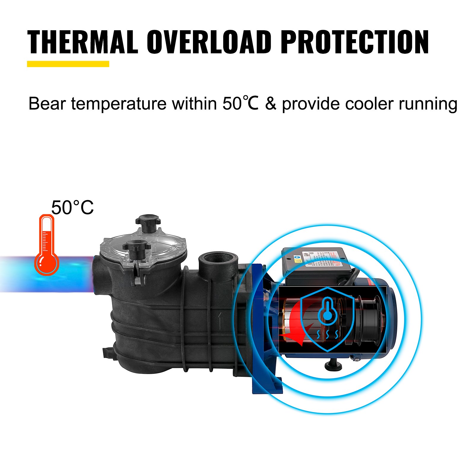 VEVOR 750 W(1 HP) Pool Pump, 15000 L/h 750W Pool Pump In/Ground Swimming Pool Pump with Strainer Basket Pool Pump Motor for Clean Swimming Pool Water 50 mm(1.97") Inlet/Outlet pool filter pump with 2 Fitting Hoses
