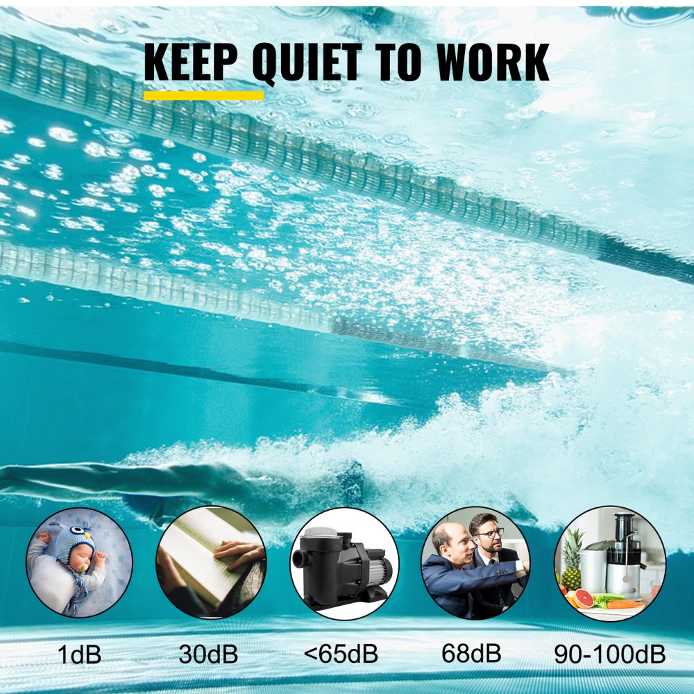 VEVOR 1 HP Pool Pump, 19200 L/h 750W Pool Pump In/Ground Swimming Pool Pump with Strainer Basket Pool Pump Motor for Clean Swimming Pool Water 1.97" Inlet/Outlet pool filter pump with 2 Fitting Hoses