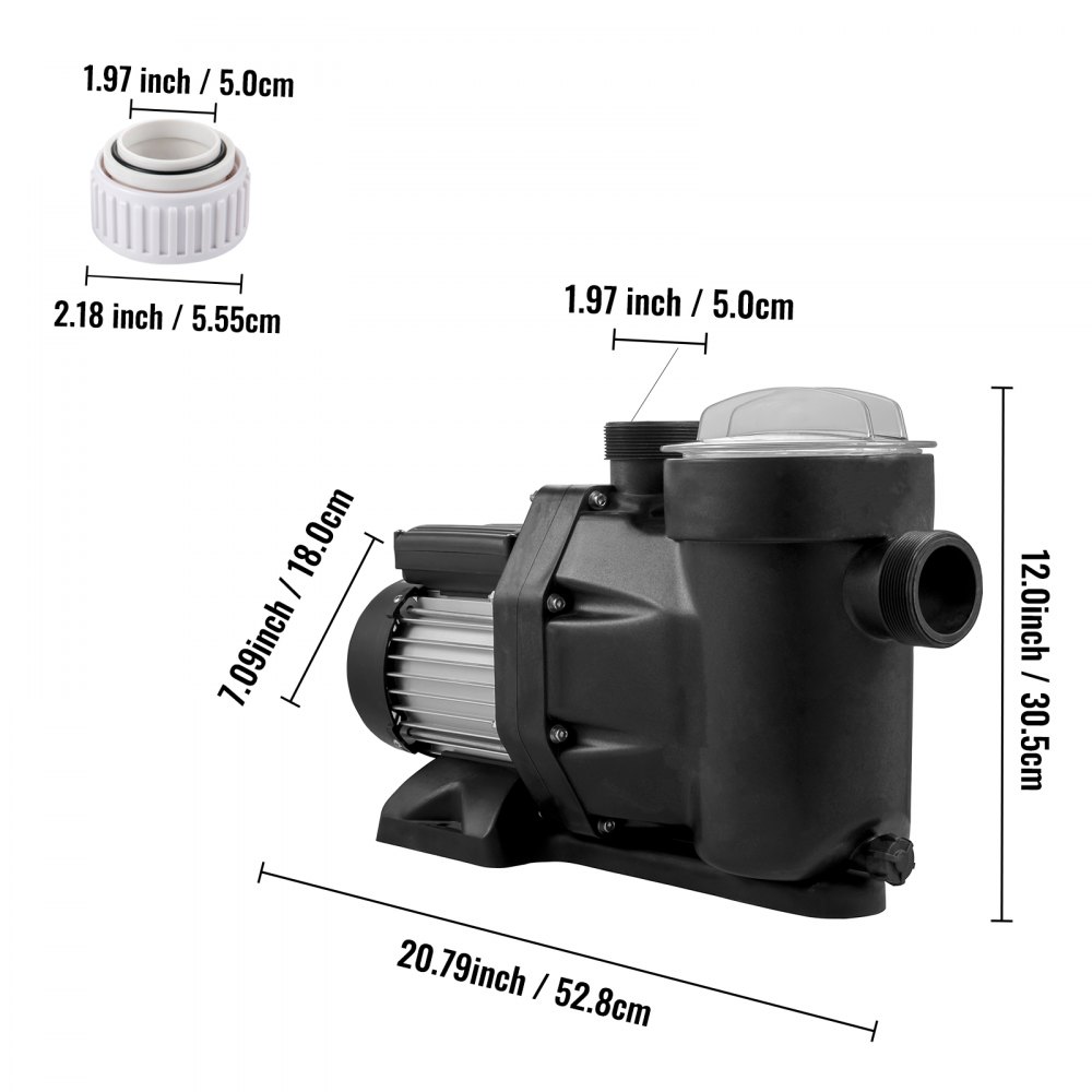 VEVOR 1 HP Pool Pump, 19200 L/h 750W Pool Pump In/Ground Swimming Pool Pump with Strainer Basket Pool Pump Motor for Clean Swimming Pool Water 1.97" Inlet/Outlet pool filter pump with 2 Fitting Hoses