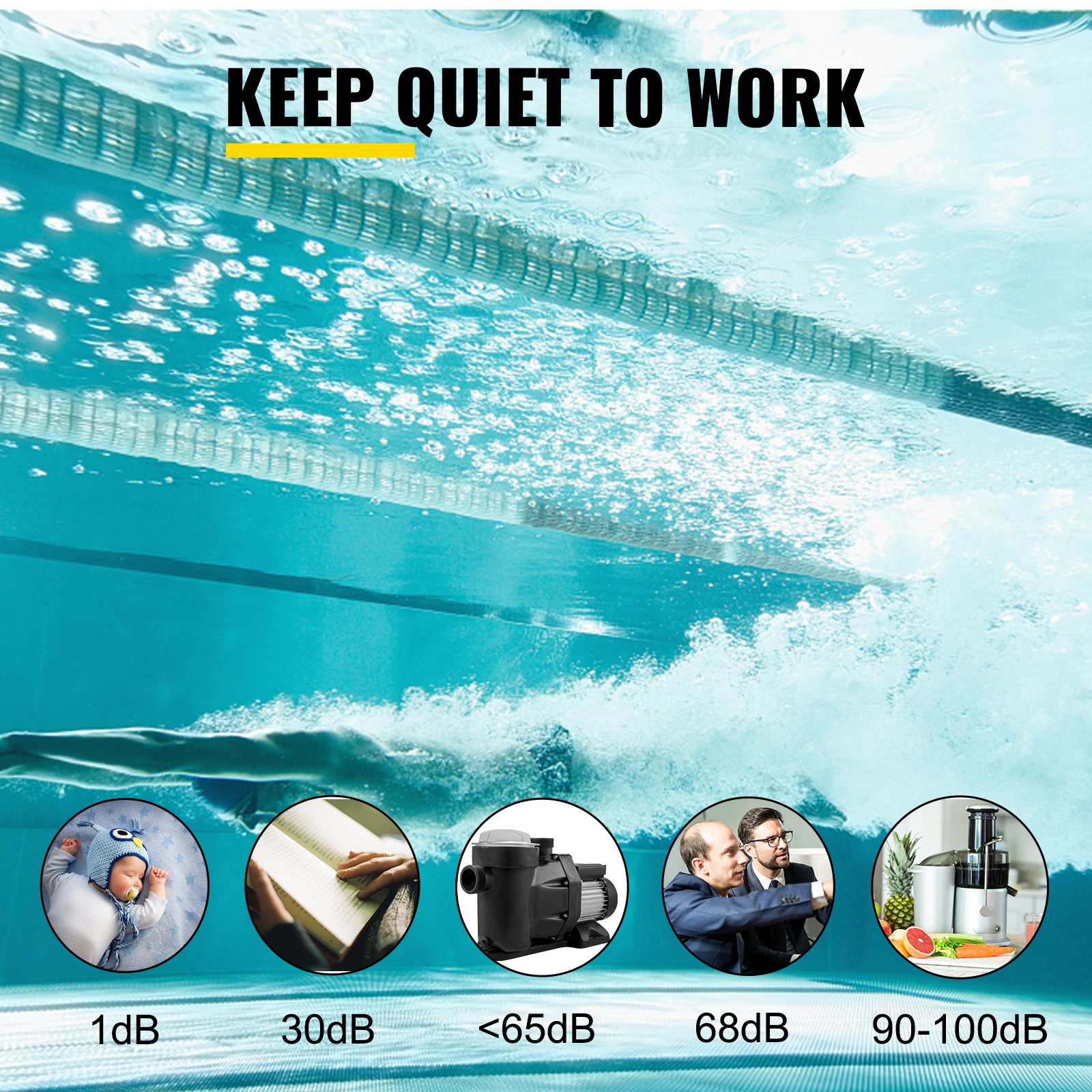 VEVOR 1 HP Pool Pump, 19200 L/h 750W Pool Pump In/Ground Swimming Pool Pump with Strainer Basket Pool Pump Motor for Clean Swimming Pool Water 1.97" Inlet/Outlet pool filter pump with 2 Fitting Hoses