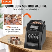 VEVOR USD Coin Sorter with LCD Screen Display Holds up to 200 Coins 4 Coin Tubes