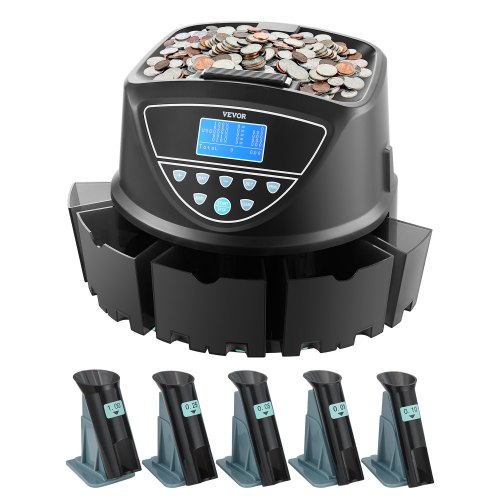 VEVOR Upgraded Coin Counter & Sorter, Coin Sorter and Wrapper Machine with Intuitive Display, Change Counter for USD Coins 1￠ 5￠ 10￠ 25￠ $1, Sorts up to 300 Coins/Min, with 5 Coin Tubes and 5 Trays
