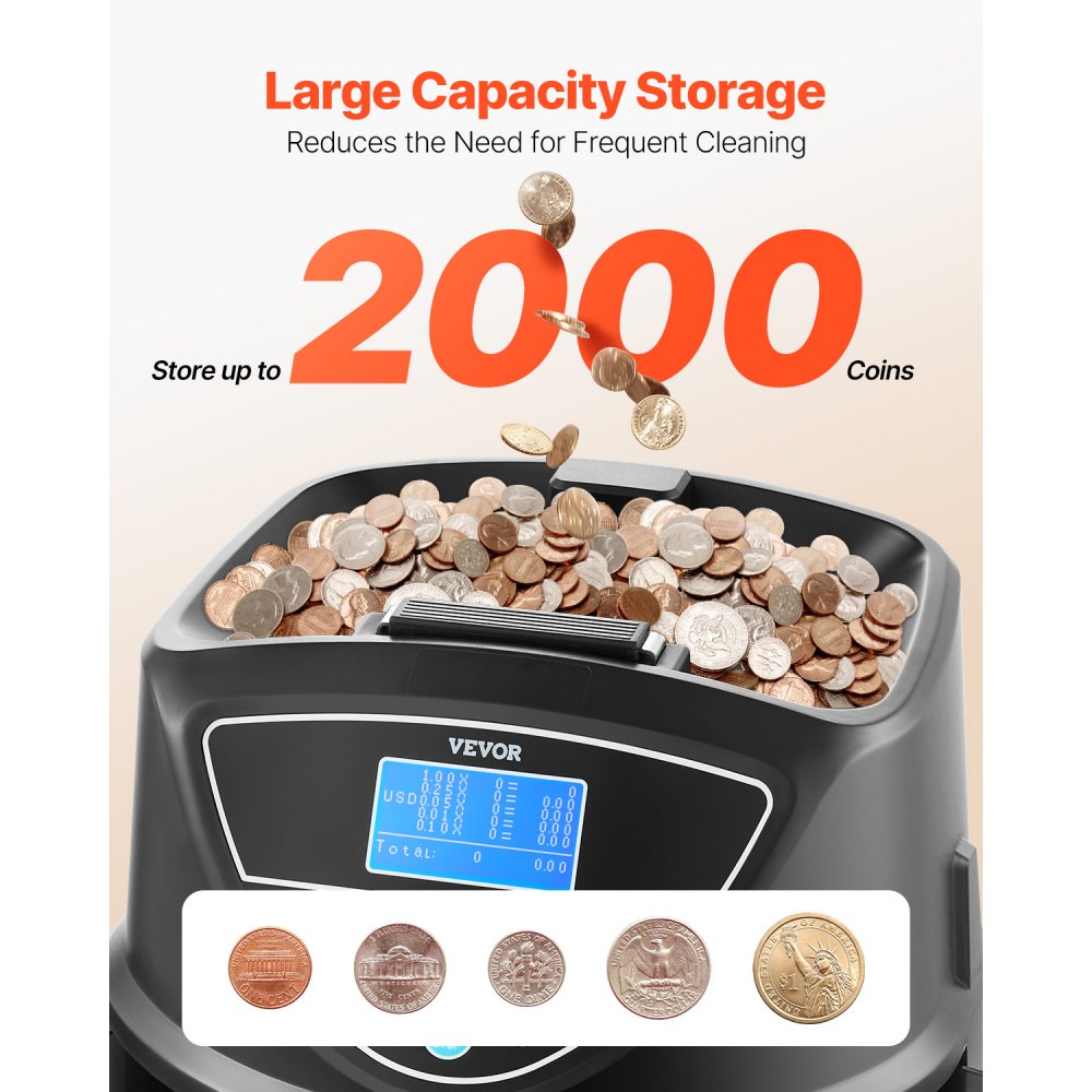 VEVOR USD Coin Sorter, Coin Counter Machine for 5 Kinds of USD Coins, Coin Sorter and Wrapper Machine Holds up to 2000 Coins, Screen Display Coin Storage Included 5 Coin Tubes and Boxes