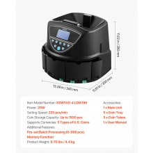 USD Coin Sorter with Screen Display Holds up to 1500 Coins 5 Coin Tubes