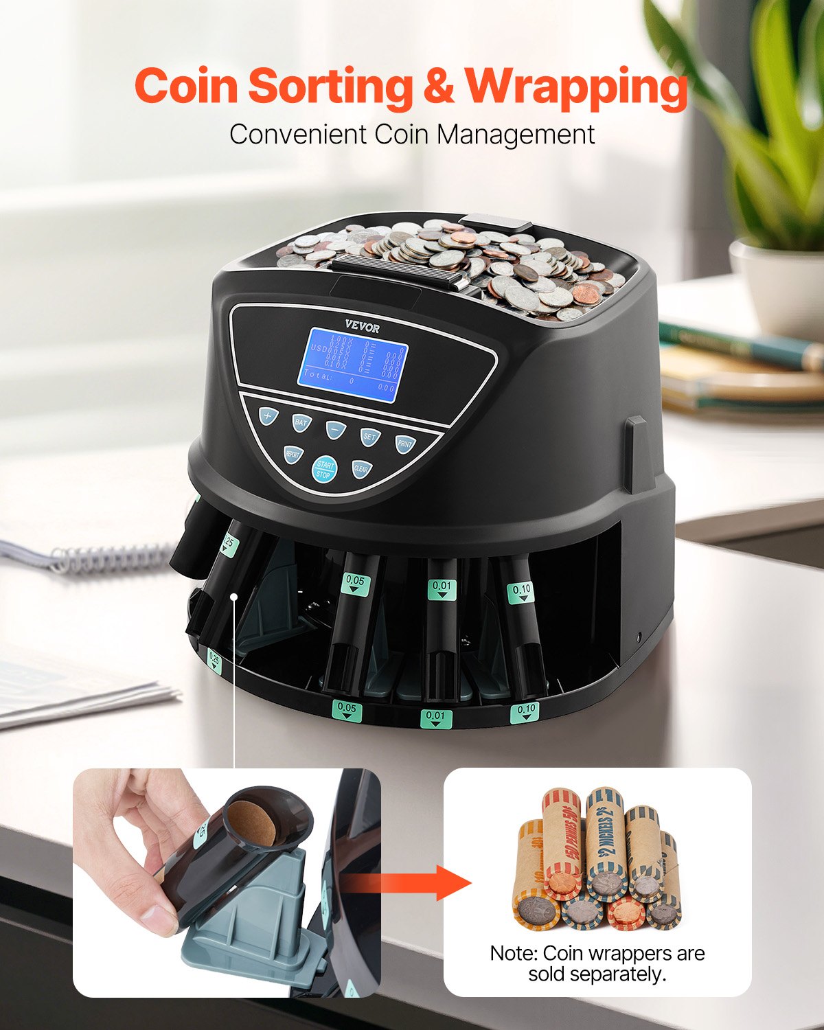 VEVOR USD Coin Sorter, Coin Counter Machine for 5 Kinds of USD Coins, Coin Sorter and Wrapper Machine Holds up to 2000 Coins, Screen Display Coin Storage Included 5 Coin Tubes and Boxes