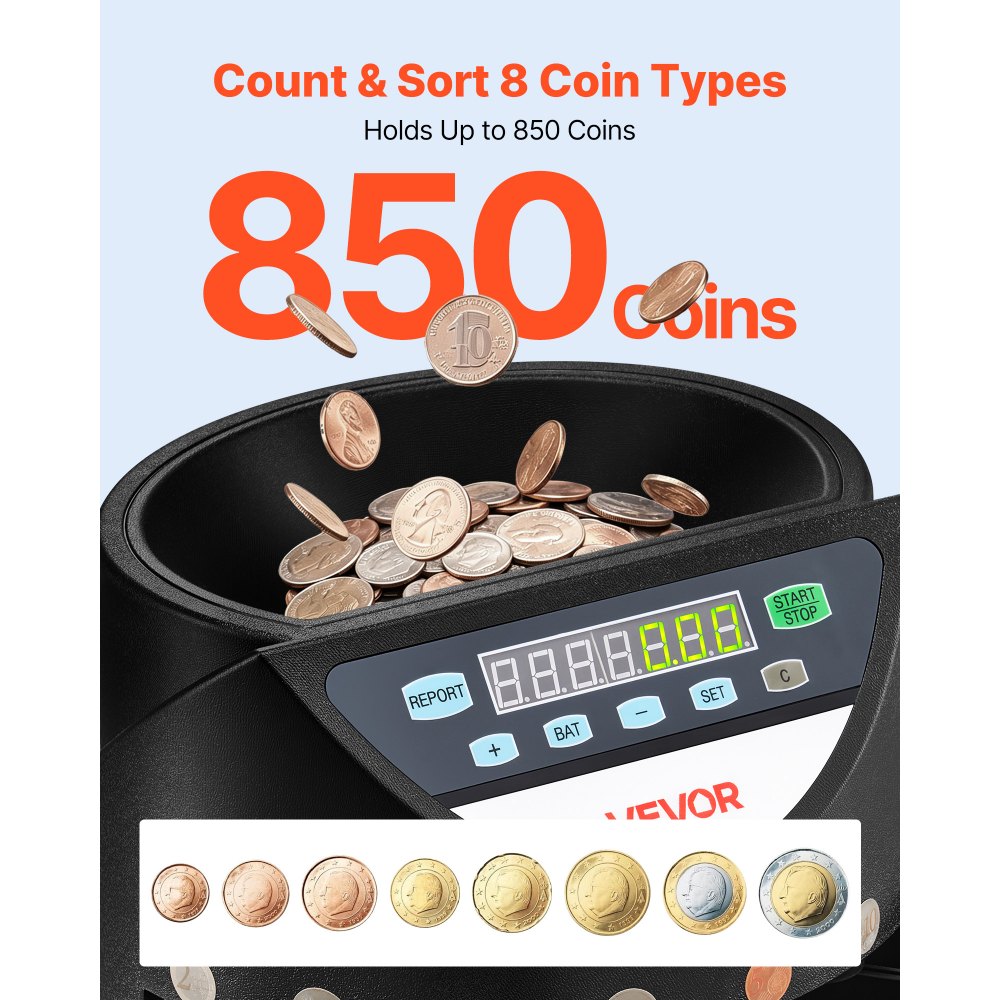 VEVOR Coin Counter Machine, 8 Denominations, Accurate Coin Sorter Machine, Sorts Up to 147 Coins Per Minute, Change Counter Sorter with LED Display, Smooth Operation, Batch Feature, Holds 850 Coins