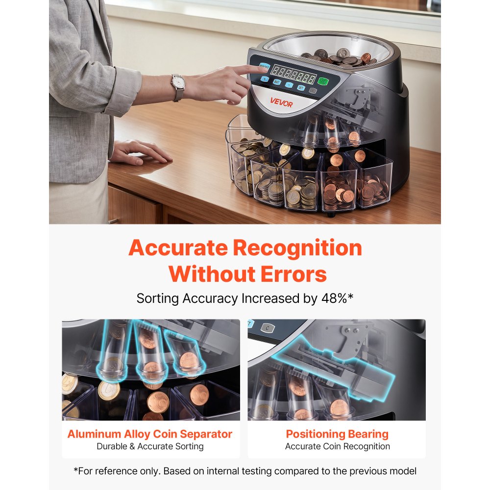VEVOR Coin Counter Machine, 8 Denominations, Accurate Coin Sorter Machine, Sorts Up to 147 Coins Per Minute, Change Counter Sorter with LED Display, Smooth Operation, Batch Feature, Holds 850 Coins