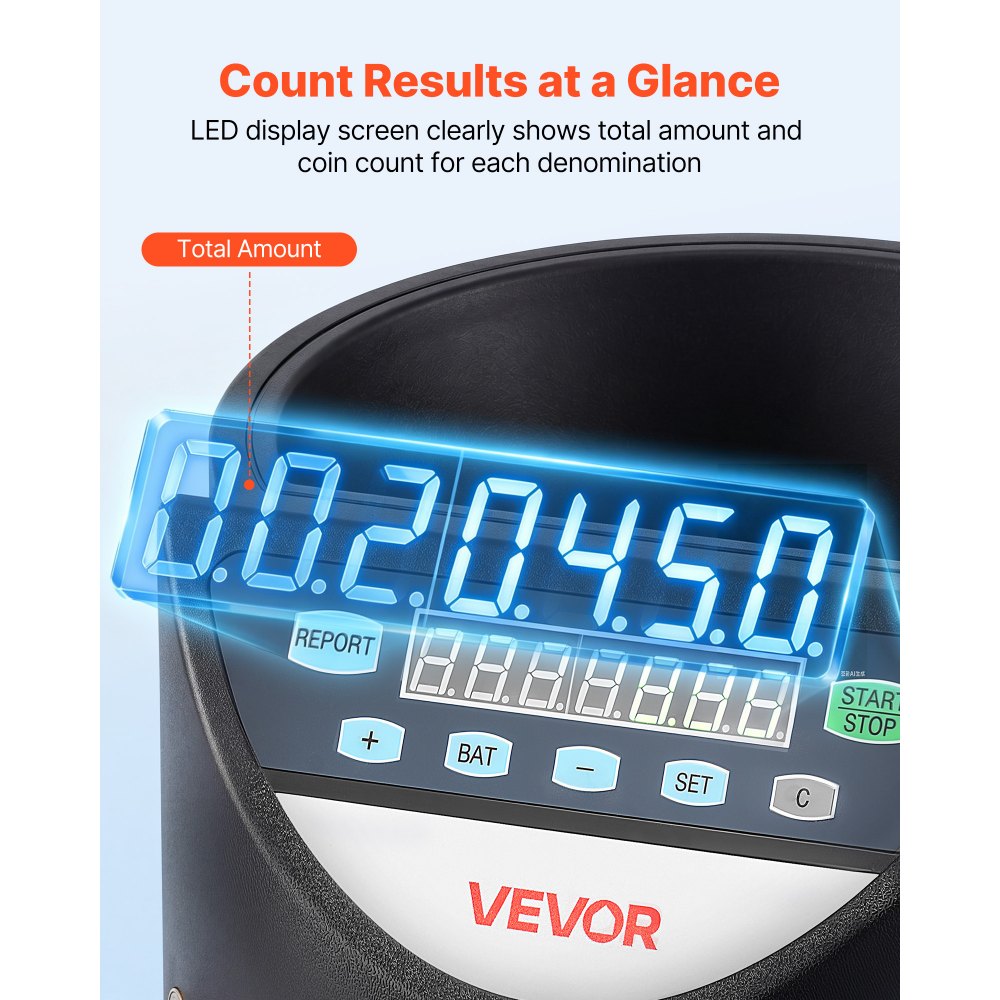 VEVOR Coin Counter Machine, 8 Denominations, Accurate Coin Sorter Machine, Sorts Up to 147 Coins Per Minute, Change Counter Sorter with LED Display, Smooth Operation, Batch Feature, Holds 850 Coins