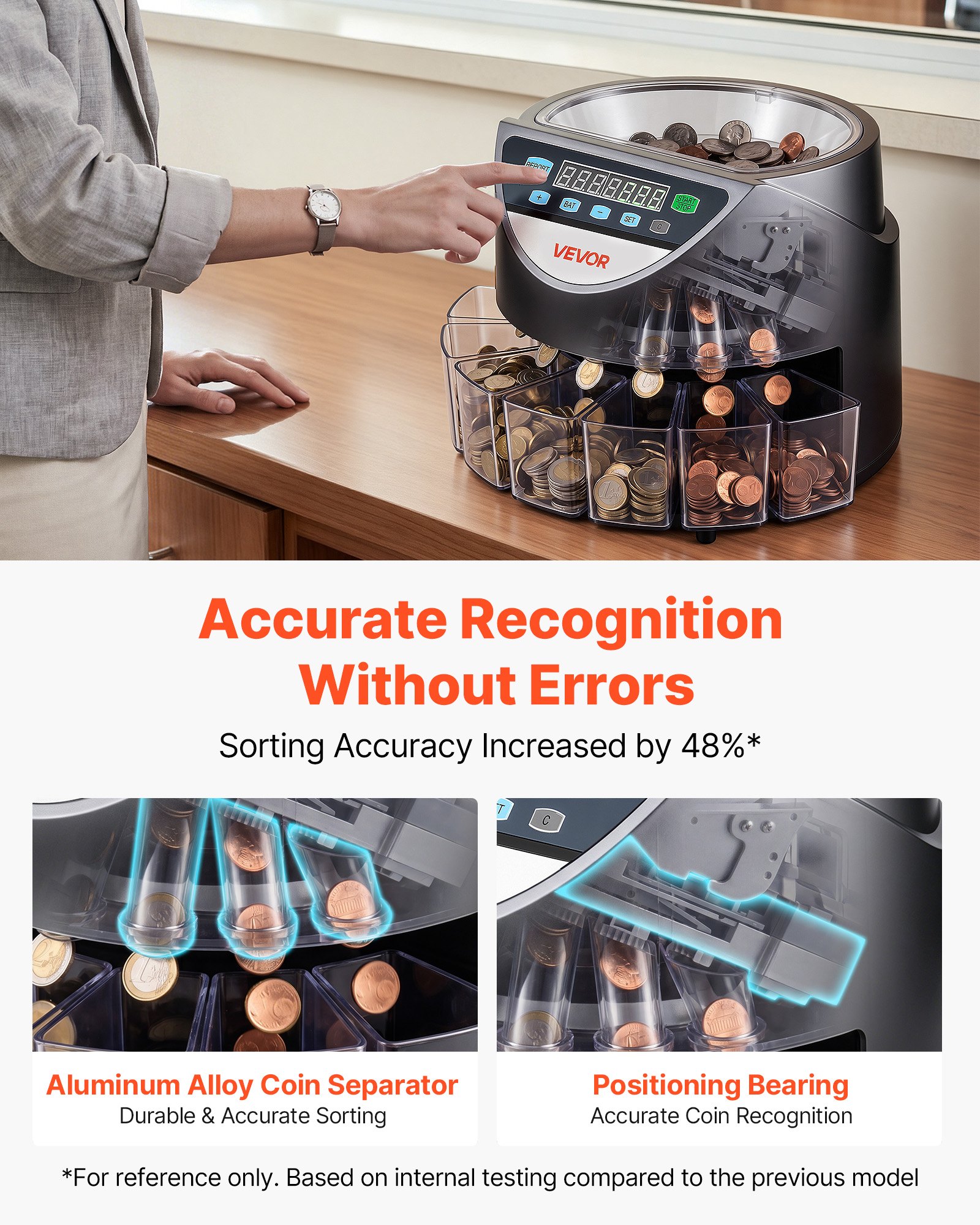 VEVOR Coin Counter Machine, 8 Denominations, Accurate Coin Sorter Machine, Sorts Up to 147 Coins Per Minute, Change Counter Sorter with LED Display, Smooth Operation, Batch Feature, Holds 850 Coins