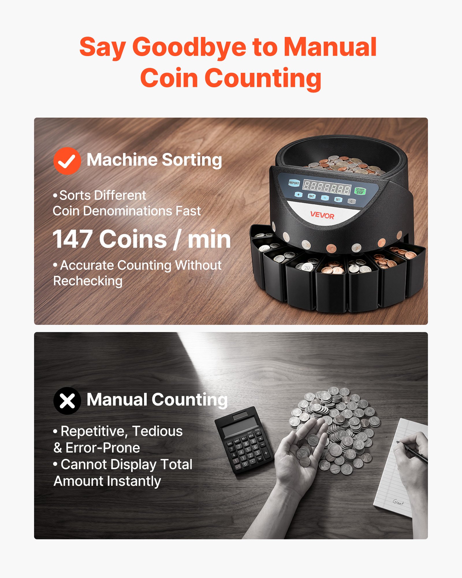VEVOR Coin Counter Machine, 8 Denominations, Accurate Coin Sorter Machine, Sorts Up to 147 Coins Per Minute, Change Counter Sorter with LED Display, Smooth Operation, Batch Feature, Holds 850 Coins