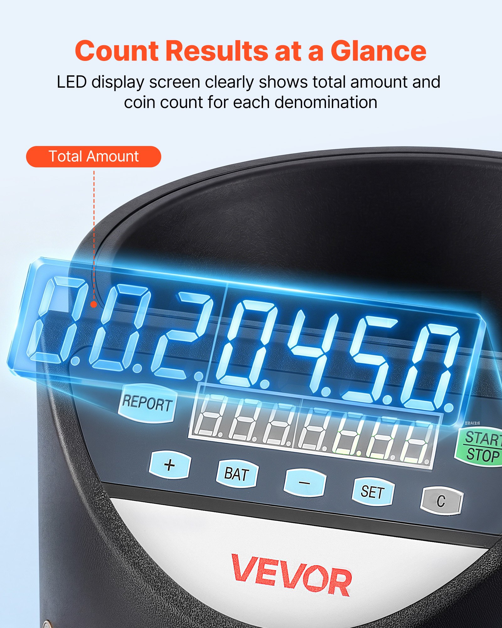 VEVOR Coin Counter Machine, 8 Denominations, Accurate Coin Sorter Machine, Sorts Up to 147 Coins Per Minute, Change Counter Sorter with LED Display, Smooth Operation, Batch Feature, Holds 850 Coins