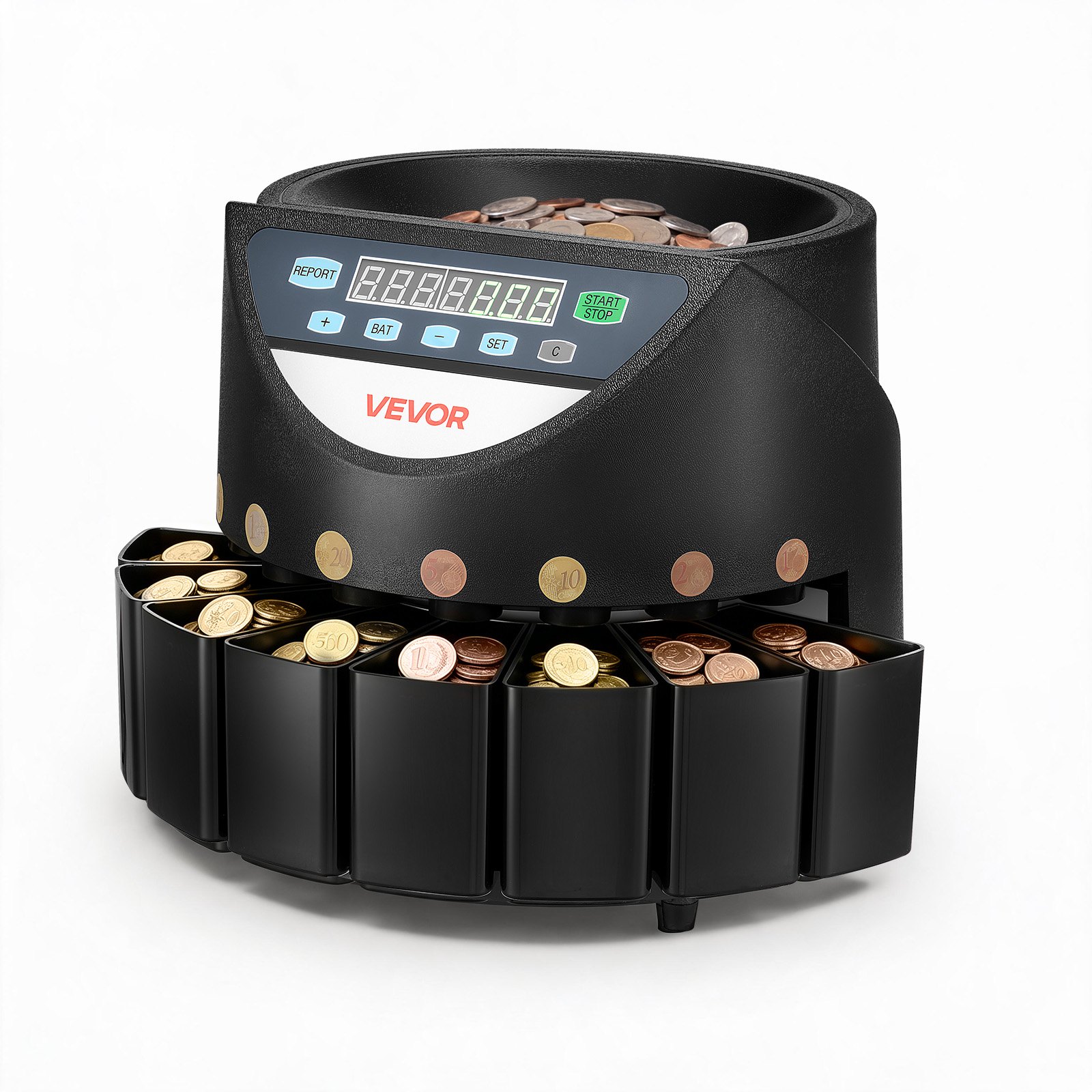 VEVOR Coin Counter Machine, 8 Denominations, Accurate Coin Sorter Machine, Sorts Up to 147 Coins Per Minute, Change Counter Sorter with LED Display, Smooth Operation, Batch Feature, Holds 850 Coins