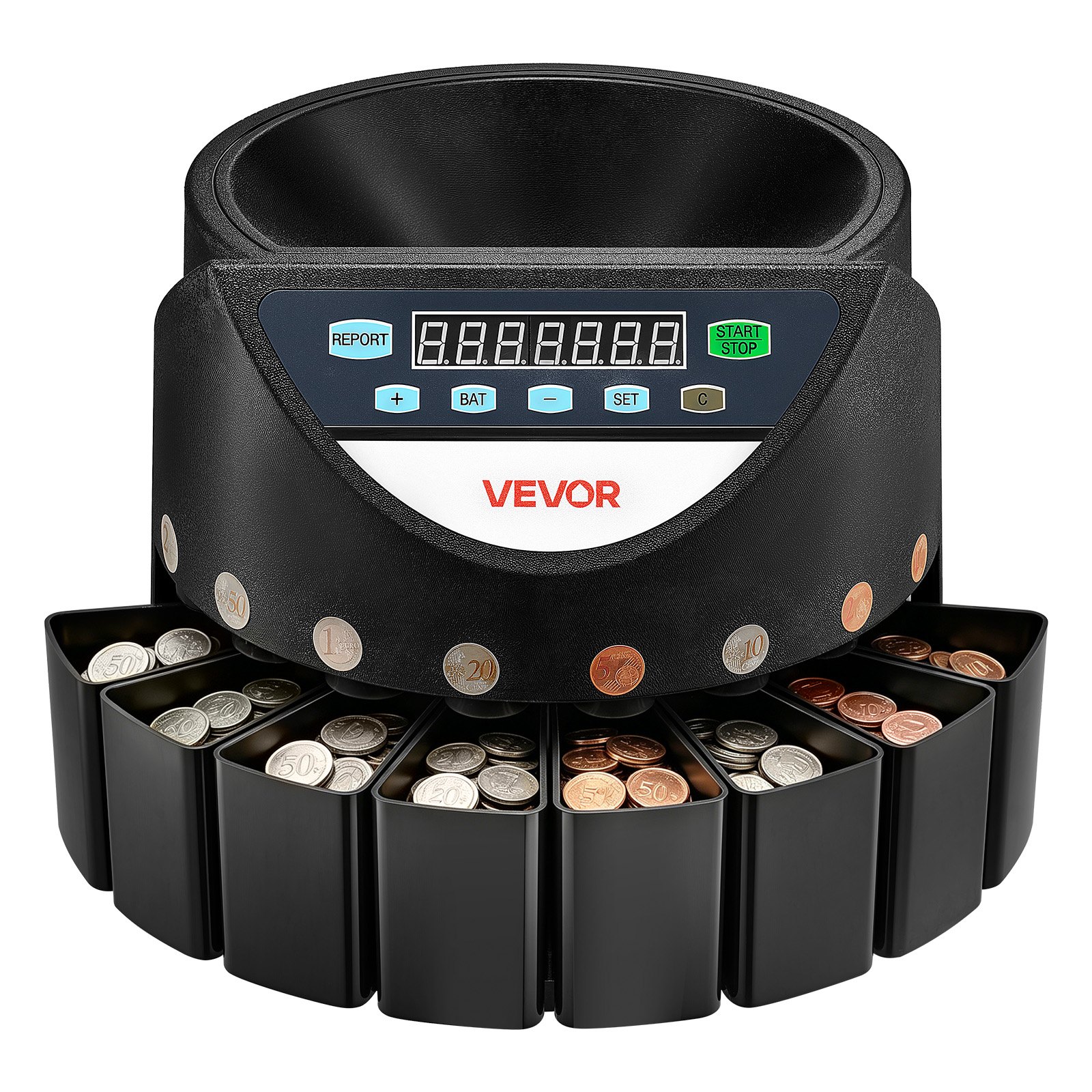 VEVOR Coin Counter Machine, 8 Denominations, Accurate Coin Sorter Machine, Sorts Up to 147 Coins Per Minute, Change Counter Sorter with LED Display, Smooth Operation, Batch Feature, Holds 850 Coins