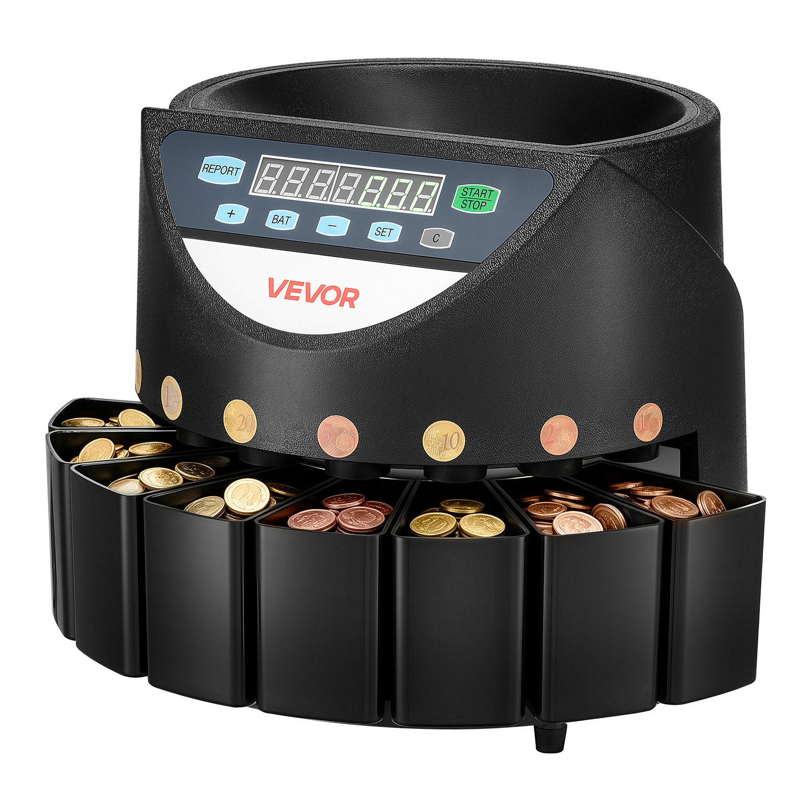 VEVOR Coin Counter Machine, 8 Denominations, Accurate Coin Sorter Machine, Sorts Up to 147 Coins Per Minute, Change Counter Sorter with LED Display, Smooth Operation, Batch Feature, Holds 850 Coins