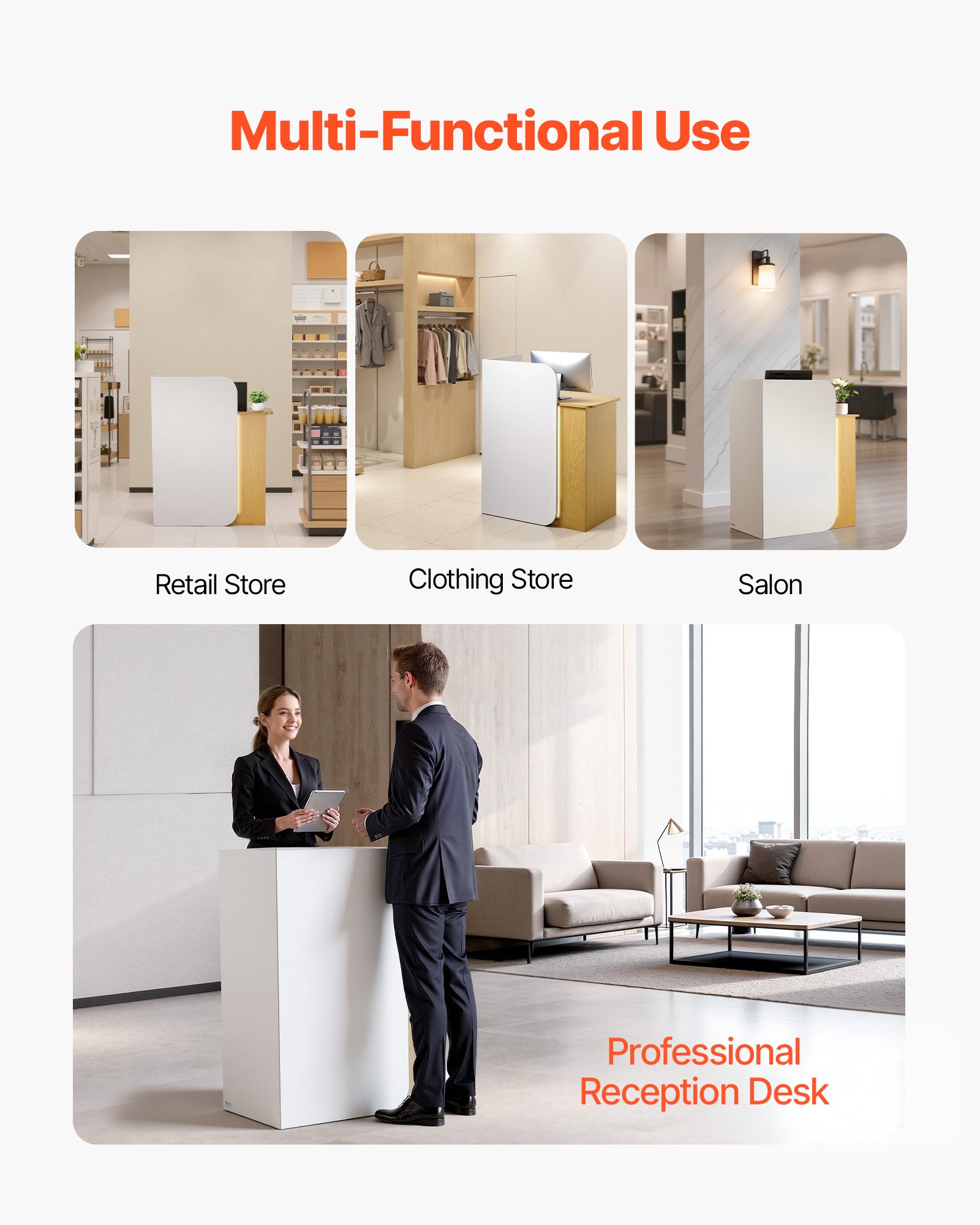 VEVOR Reception Desk, 80 cm Rectangular Front Counter Table, Modern Office Reception Desk with LED Light, 2 Drawers & Power Outlets, Retail Counter Table for Checkout, Lobby, Beauty Salon, Office