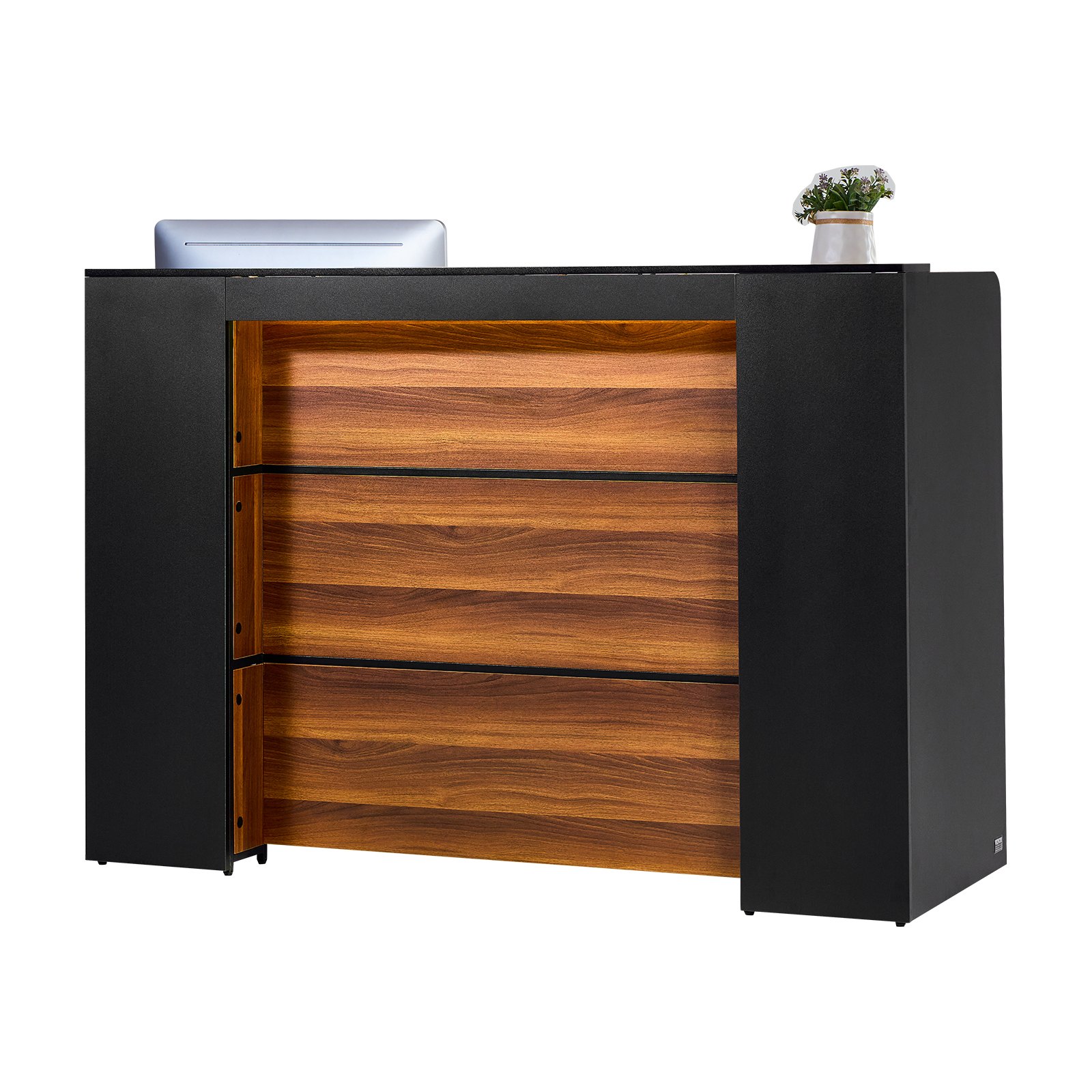 Recepčný pult VEVOR, obdĺžnikový predný pultový stôl s rozmermi 62,99 x 23,62 x 43,70 palca, kancelársky recepčný pult, predný predajný pult s LED osvetlením, pre pokladne, vstupnú halu, kozmetický salón a kanceláriu, čiernohnedá farba