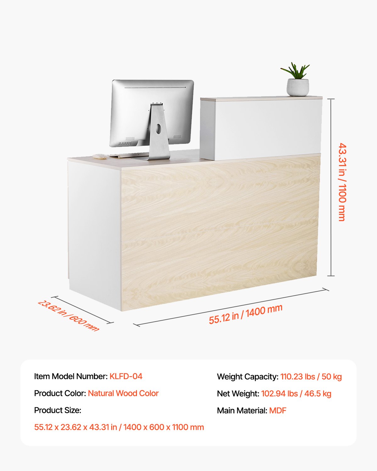 VEVOR Reception Desk Rectangular Front Counter Table 55.12 in Wood Office Table