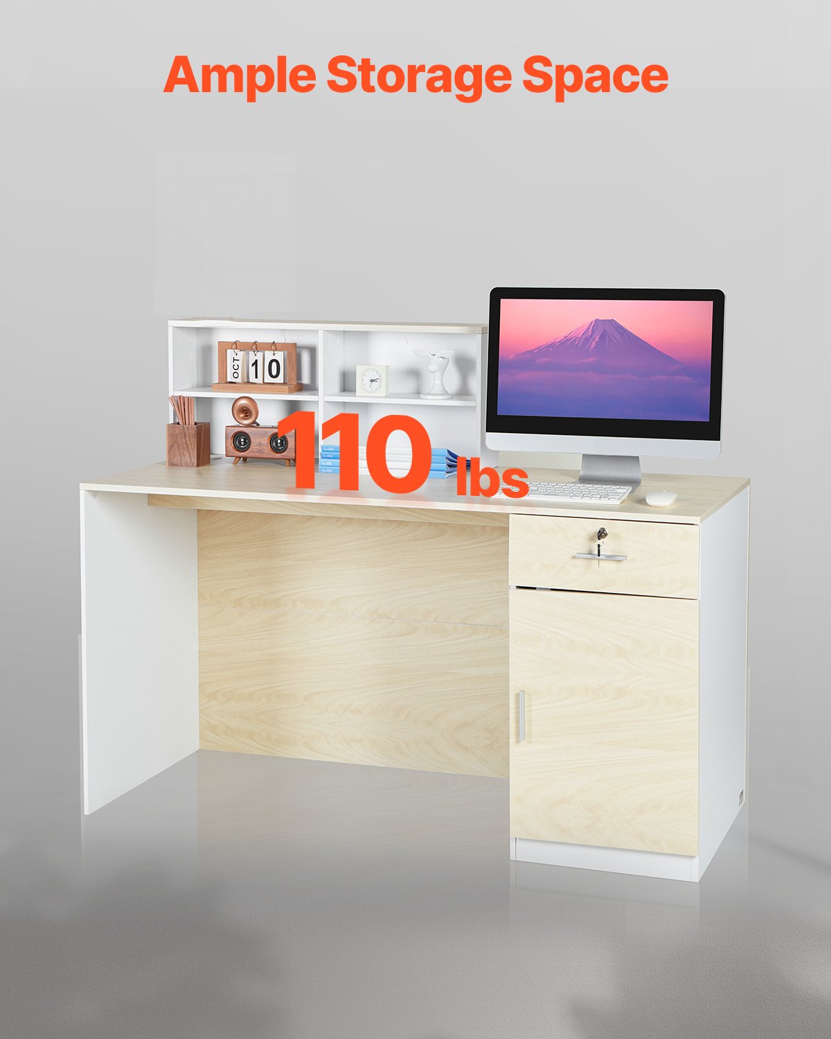VEVOR Reception Desk, 55 Inch Rectangular Front Counter Table, Office Reception Counter with Lockable Drawer and Storage Cabinet, for Checkout, Lobby, Beauty Salon and Office, Natural