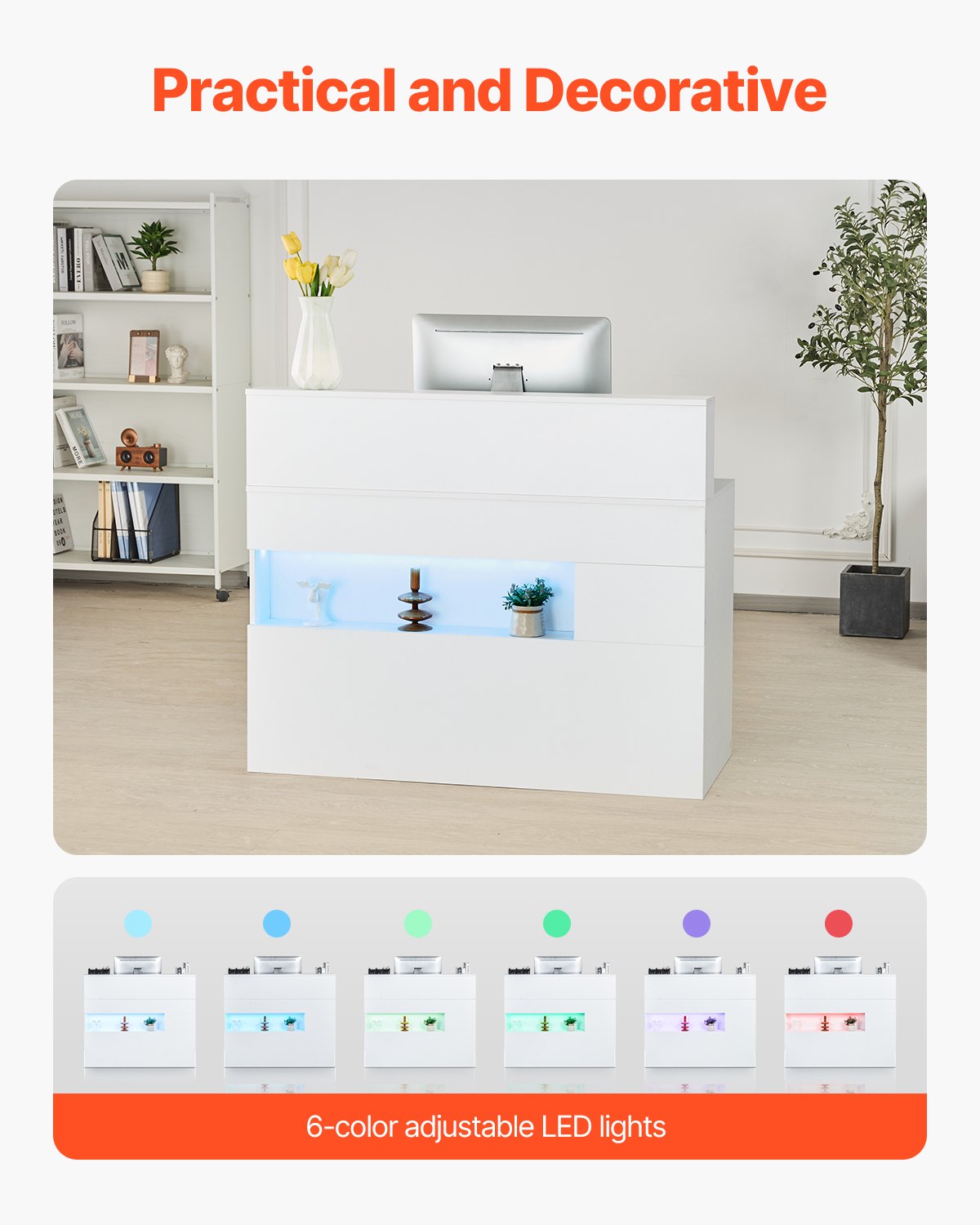 VEVOR Reception Desk, 47 Inch Rectangular Front Counter Table, Office Reception Desk with LED Light, 2 Drawers and Power Outlets, for Checkout, Lobby, Beauty Salon and Office, White