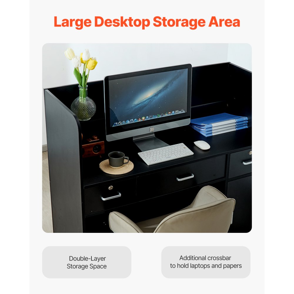 Mostrador de recepción VEVOR, mesa rectangular frontal de 119 cm, mostrador de recepción de oficina con cajón con cerradura y armario de almacenamiento, para caja, vestíbulo, salón de belleza y oficina, color negro