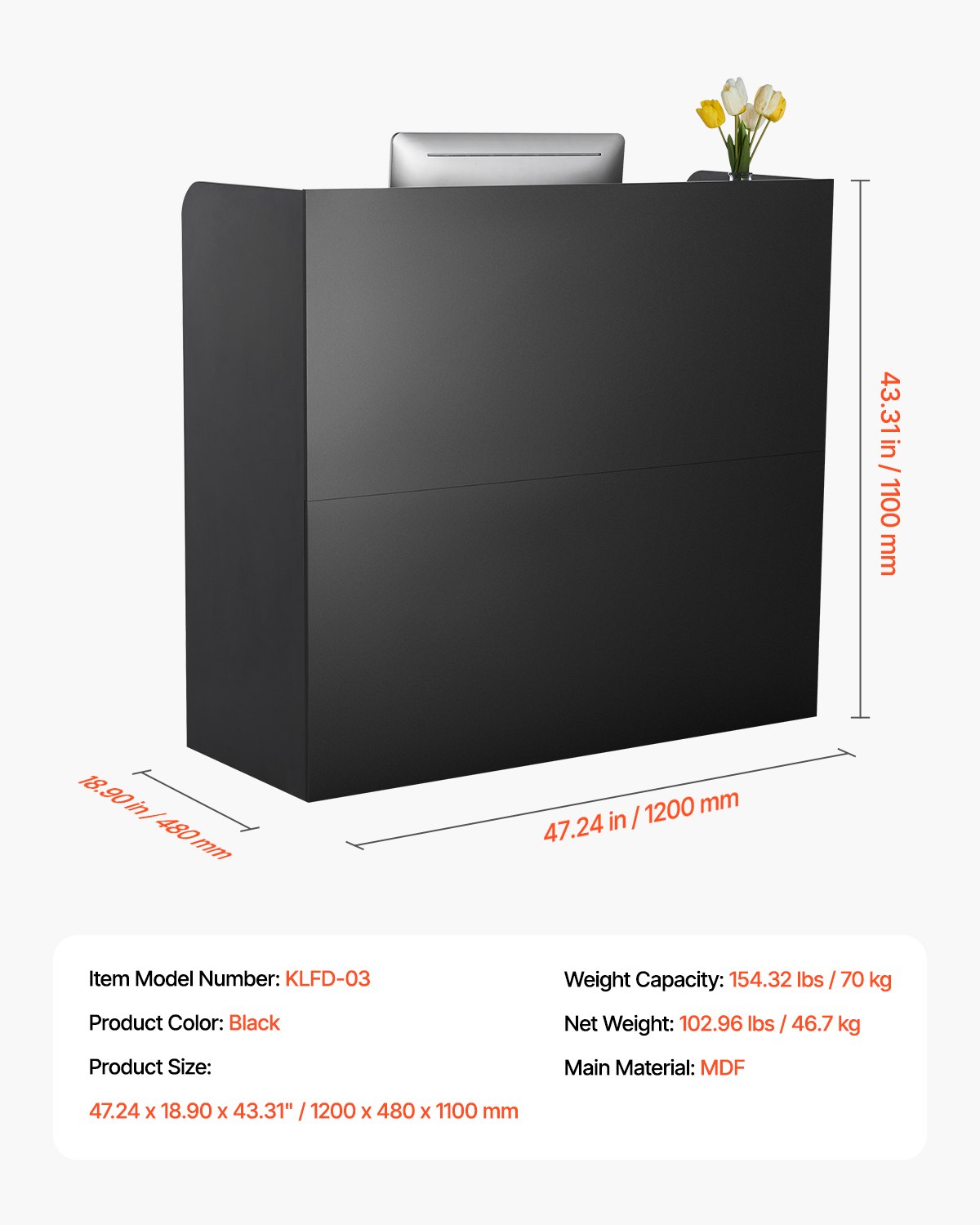 Mostrador de recepción VEVOR, mesa rectangular frontal de 119 cm, mostrador de recepción de oficina con cajón con cerradura y armario de almacenamiento, para caja, vestíbulo, salón de belleza y oficina, color negro