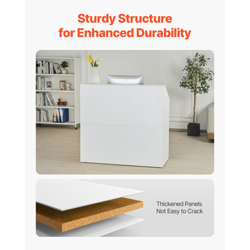 Mostrador de recepción VEVOR, mesa rectangular de 117 cm, para oficina, mostrador de venta minorista y recepción frontal, para caja, vestíbulo, salón de belleza y oficina, color blanco