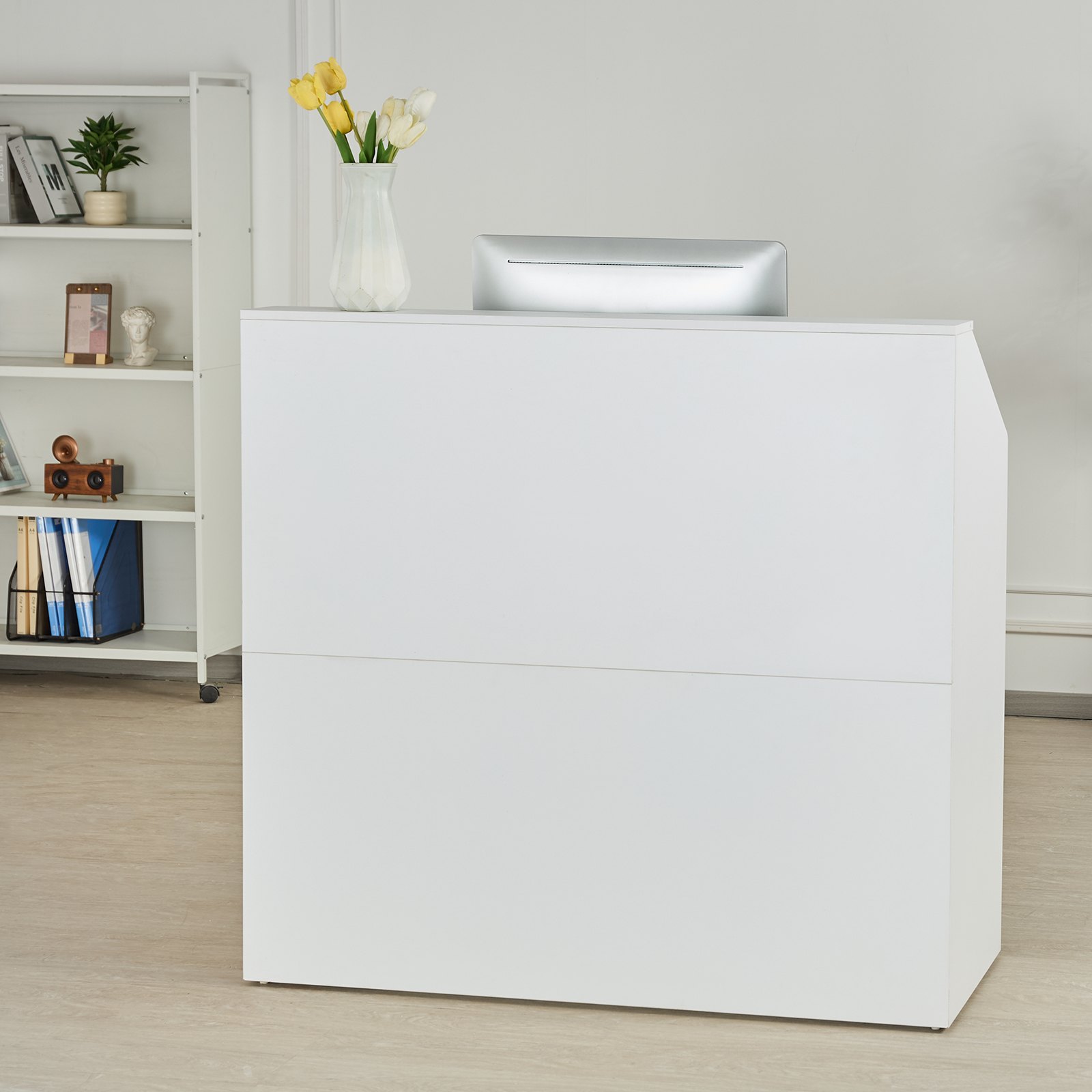 Mostrador de recepción VEVOR, mesa rectangular de 117 cm, para oficina, mostrador de venta minorista y recepción frontal, para caja, vestíbulo, salón de belleza y oficina, color blanco