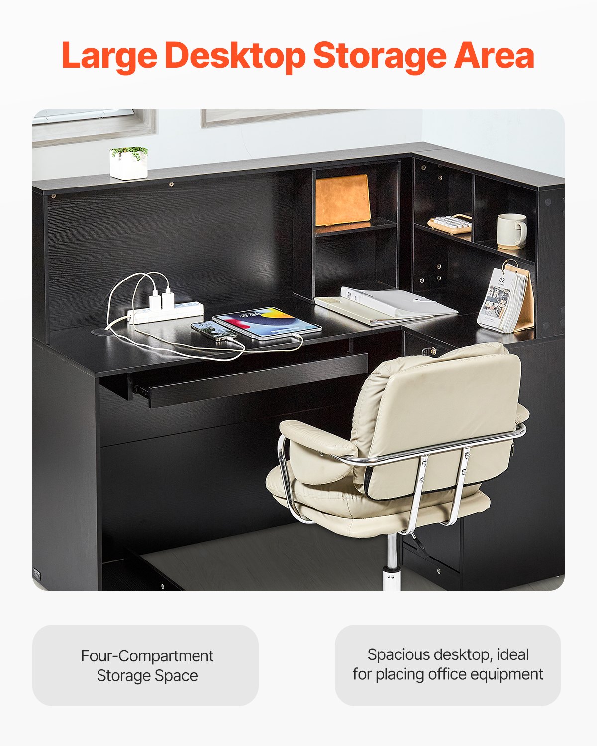 VEVOR Reception Desk, 55.12 x 31.50 x 47.24 in  L-Shaped Front Counter Table, Office Reception Counter with Drawer Keyboard Tray and Storage Cabinet, for Checkout, Lobby, Beauty Salon & Office, Black