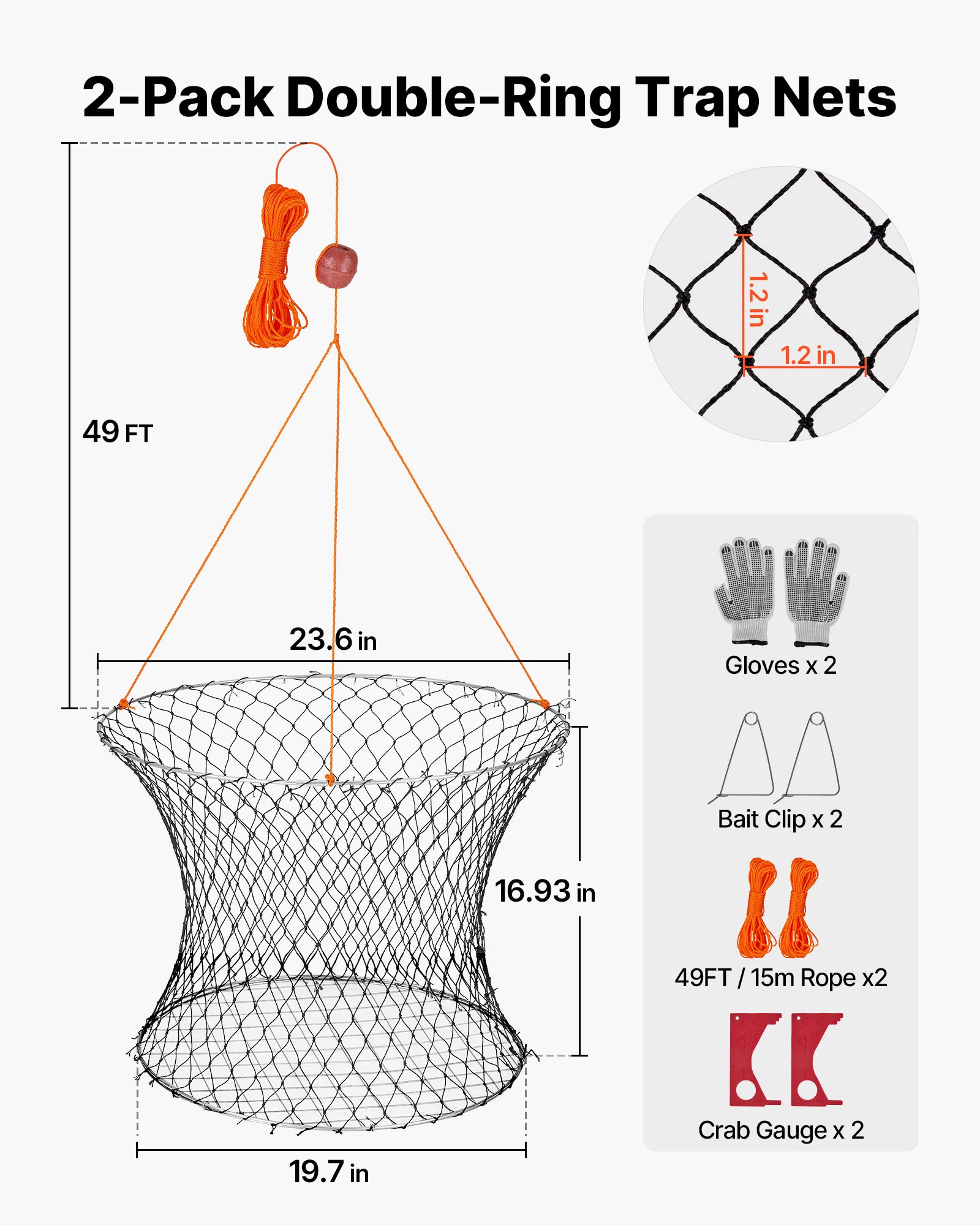 VEVOR Double Ring Crab Trap, 24 inch Top, 20 inch Bottom, Two Rings Crab Kit, Foldable Fishing Net with Gauge, 60 ft Rope, Wire Grid Bottom, Rock and Blue Crab, Dock & Pier Crabbing, 2 Set