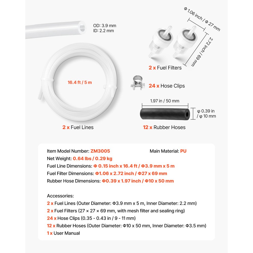 VEVOR Fuel Pipe Hose Line Kit, 196.9″ Diesel Heater Fuel Line Kit, Replaceable Parking Heater Fuels Lines Kits with Lines Filters Clips & Hoses, Tank Diesel Heater Accessories for 2KW 5KW 8KW Heaters