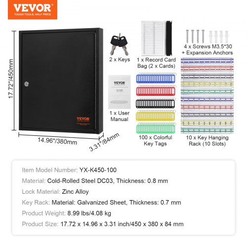 VEVOR 100-Key Cabinet, Key Lock Box with Adjustable Racks, Security Key Storage Box Steel, Key Organizer with 100 Colorful Key Tags and 2 Record Cards for School, Office, Hotel