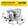 VEVOR commercial meat slicer with an 8-inch blade and product dimensions detailed.